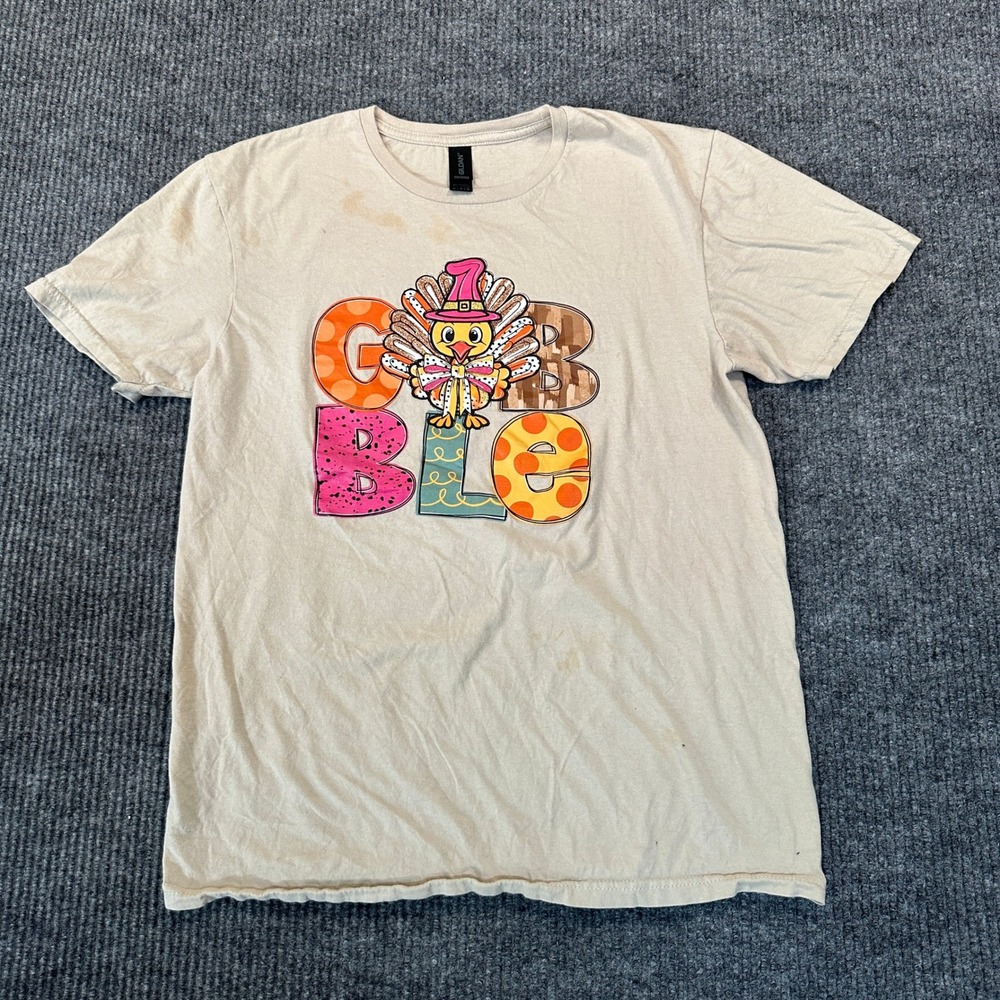 Gildan Softstyle Gobble Turkey Graphic T-Shirt Medium Tan Cotton Holiday Tee